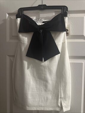 White Mini Dress with Black Bow Accent - Elegant Strapless Style